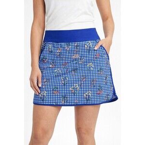 Lands End Blue Floral Gingham Skirt Shorts Pockets Athletic Tennis Golf Size 8